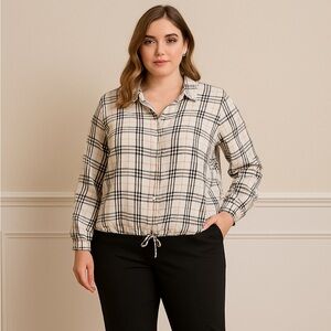 NWT Sanctuary Button Down Long Sleeve Drawstring Waist Beige Multi-Plaid Top L